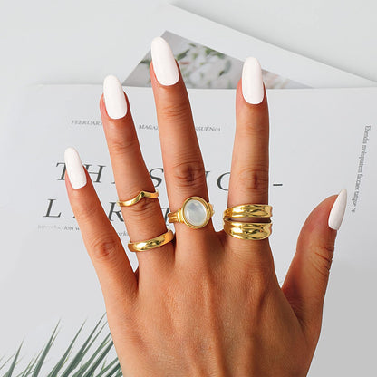 Oval Band Ring For Women In Titanium Steel With 18K Real Gold Plating And Mother-of-Pearl Shell Inlay
