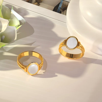 Oval Band Ring For Women In Titanium Steel With 18K Real Gold Plating And Mother-of-Pearl Shell Inlay