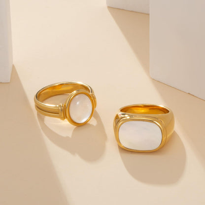 Oval Band Ring For Women In Titanium Steel With 18K Real Gold Plating And Mother-of-Pearl Shell Inlay