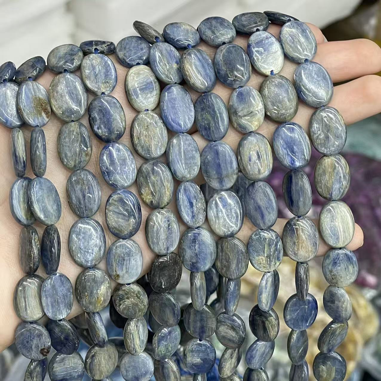 Oval Smooth Natural Stone Beads For Jewelry Making, Polished Blue Natural Beads