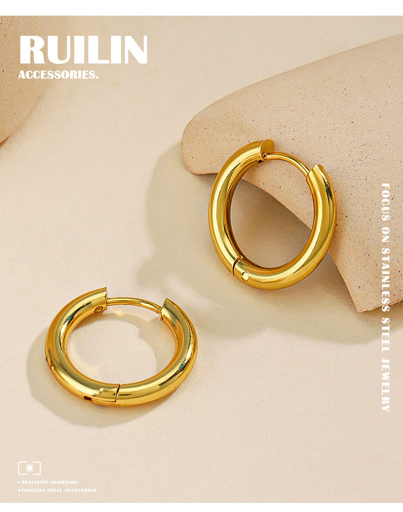 Basic Round Gold Earrings For Women With Electroplated Finish And Titanium Steel Ear Pins
