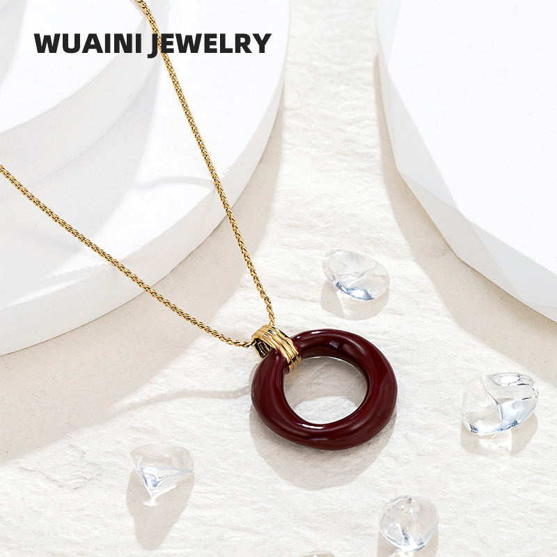 Round Red Enamel Pendant Necklace For Women With Titanium Steel Chain And Titanium Steel Pendant
