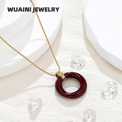 Round Red Enamel Pendant Necklace For Women With Titanium Steel Chain And Titanium Steel Pendant