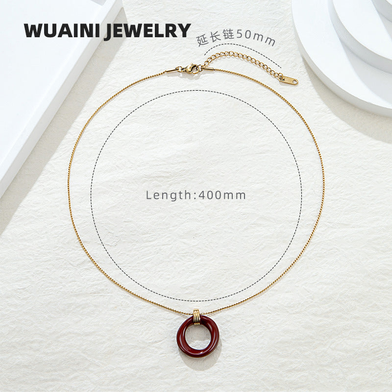Round Red Enamel Pendant Necklace For Women With Titanium Steel Chain And Titanium Steel Pendant