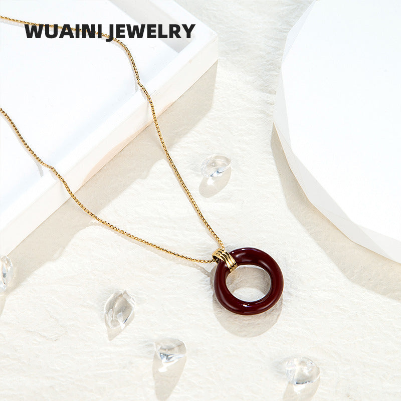 Round Red Enamel Pendant Necklace For Women With Titanium Steel Chain And Titanium Steel Pendant