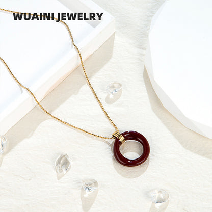 Round Red Enamel Pendant Necklace For Women With Titanium Steel Chain And Titanium Steel Pendant