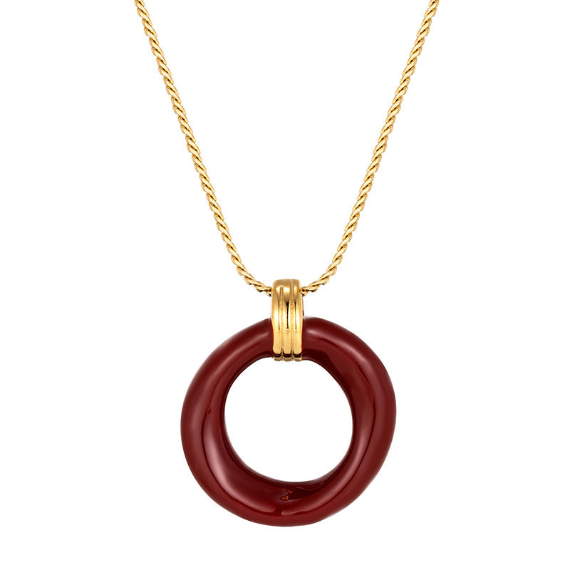 Round Red Enamel Pendant Necklace For Women With Titanium Steel Chain And Titanium Steel Pendant
