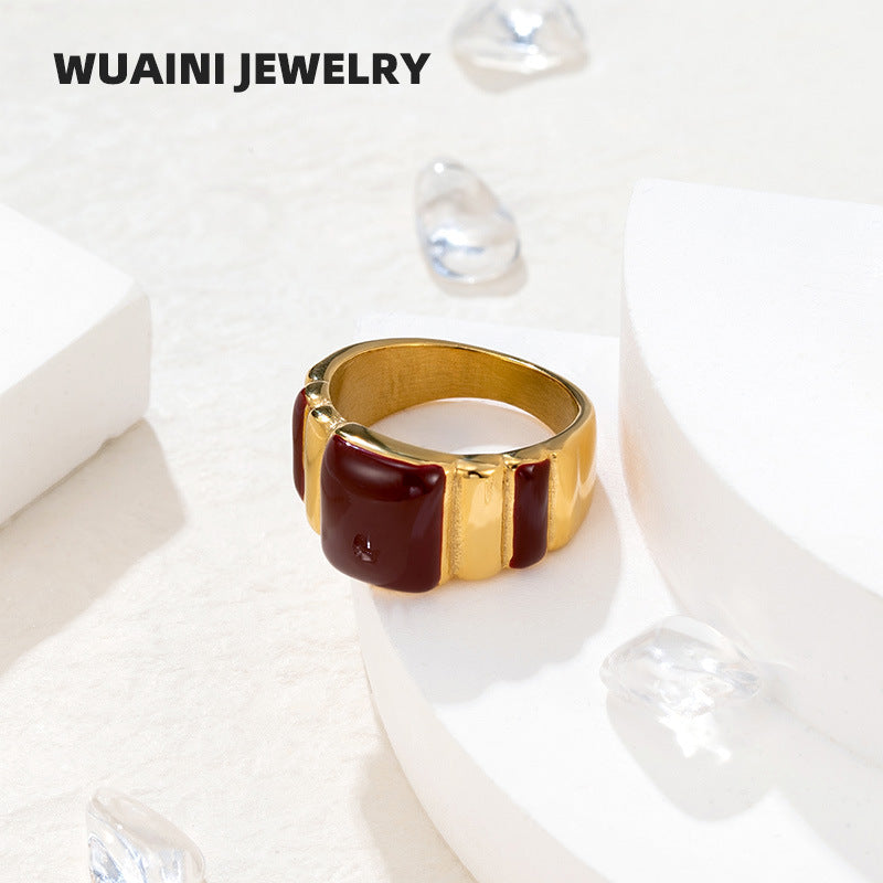 Geometric Enamel Titanium Steel Ring For Women In Wine Red, Perfect New Year Gift