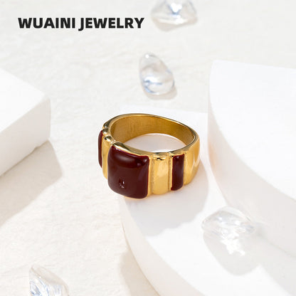 Geometric Enamel Titanium Steel Ring For Women In Wine Red, Perfect New Year Gift