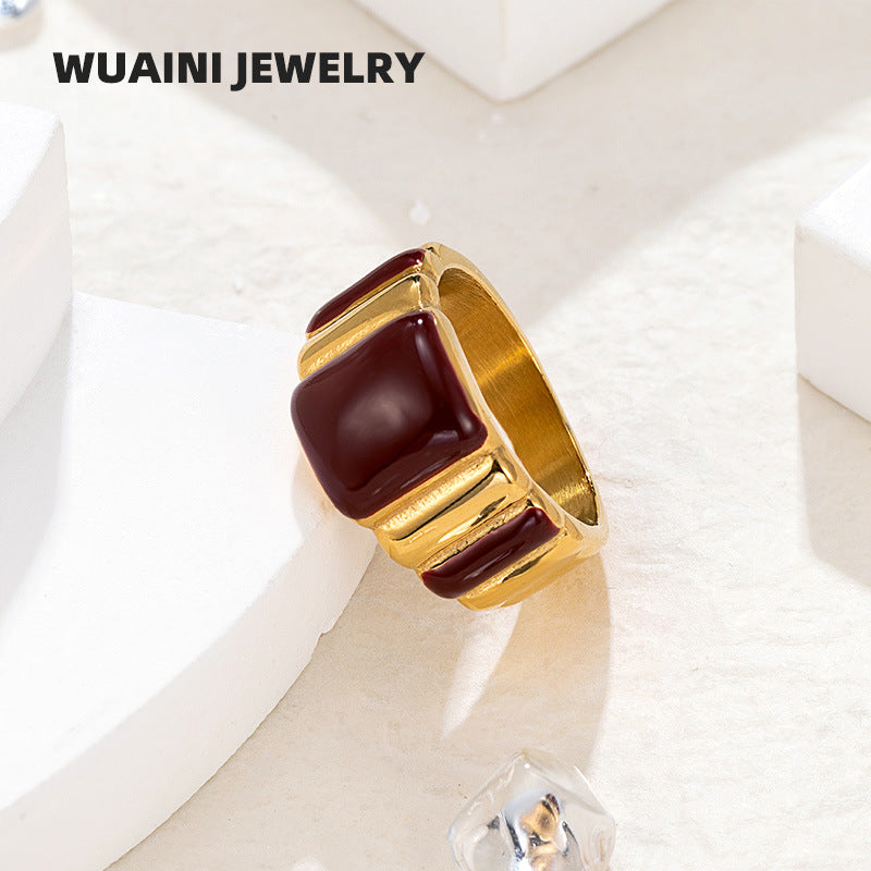 Geometric Enamel Titanium Steel Ring For Women In Wine Red, Perfect New Year Gift