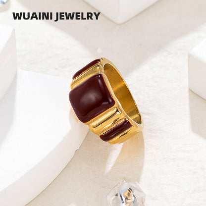 Geometric Enamel Titanium Steel Ring For Women In Wine Red, Perfect New Year Gift