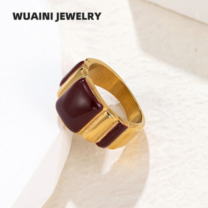 Geometric Enamel Titanium Steel Ring For Women In Wine Red, Perfect New Year Gift