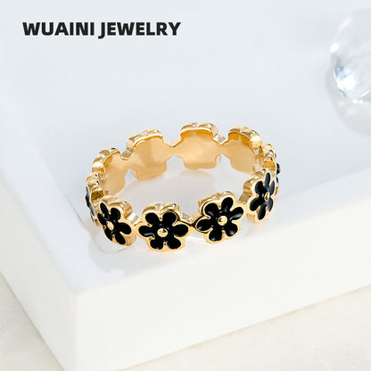 Women’s Flowers Enamel Rings In Titanium Steel With 18K Real Gold Plated Electroplated Finish