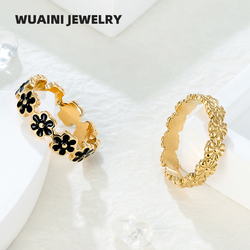Women’s Flowers Enamel Rings In Titanium Steel With 18K Real Gold Plated Electroplated Finish