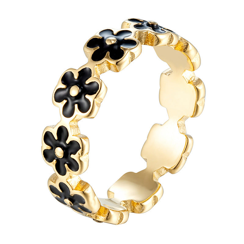 Women’s Flowers Enamel Rings In Titanium Steel With 18K Real Gold Plated Electroplated Finish