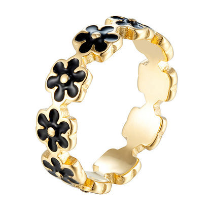 Women’s Flowers Enamel Rings In Titanium Steel With 18K Real Gold Plated Electroplated Finish