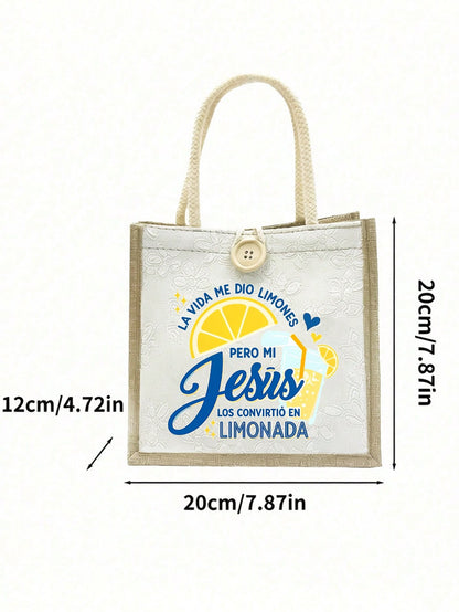 Unisex Square Shoulder Bag With Cartoon Lemon Pattern Printing, Made Of Polyester, Featuring Double Handle Design