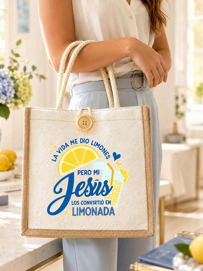Unisex Square Shoulder Bag With Cartoon Lemon Pattern Printing, Made Of Polyester, Featuring Double Handle Design