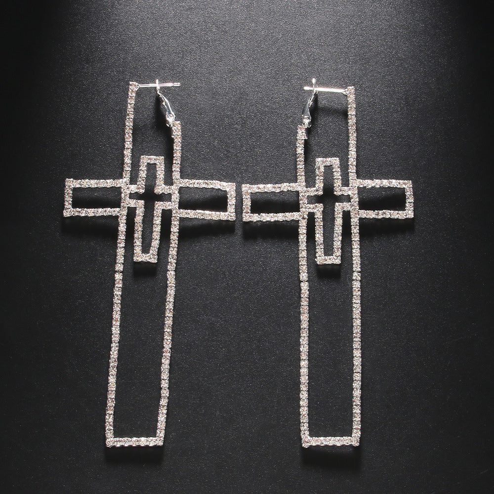 Silver Cross Earrings For Women In Alloy With Rhinestones, Featuring Electroplated Finish, Stud Earrings