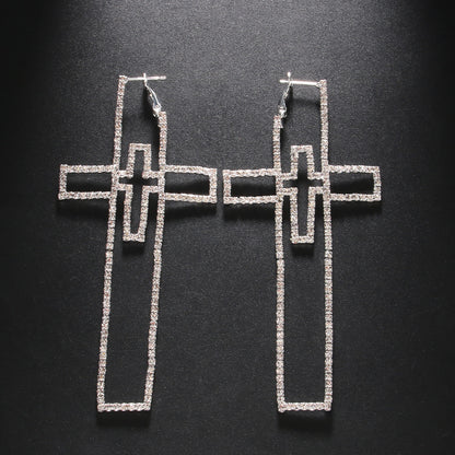 Silver Cross Earrings For Women In Alloy With Rhinestones, Featuring Electroplated Finish, Stud Earrings