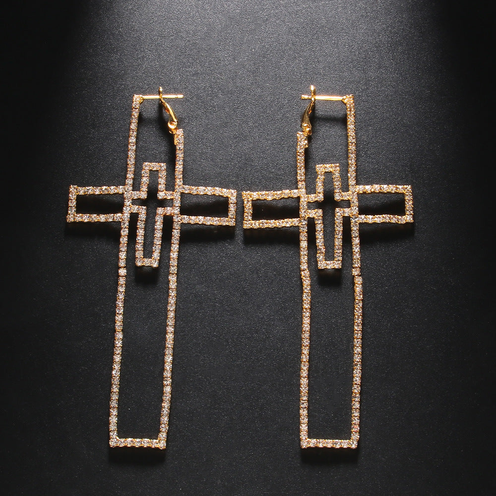 Silver Cross Earrings For Women In Alloy With Rhinestones, Featuring Electroplated Finish, Stud Earrings