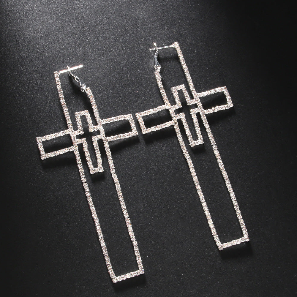 Silver Cross Earrings For Women In Alloy With Rhinestones, Featuring Electroplated Finish, Stud Earrings