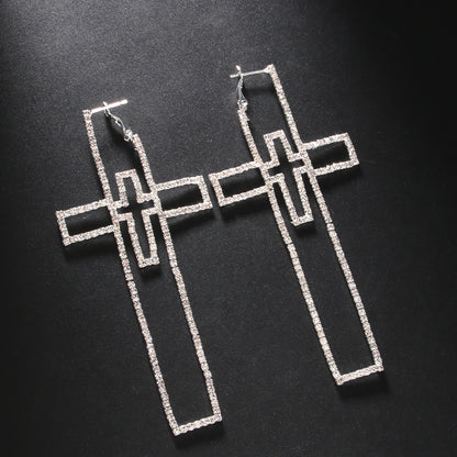 Silver Cross Earrings For Women In Alloy With Rhinestones, Featuring Electroplated Finish, Stud Earrings