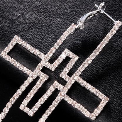 Silver Cross Earrings For Women In Alloy With Rhinestones, Featuring Electroplated Finish, Stud Earrings