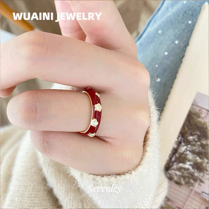 Women’s Flowers Band Rings In Titanium Steel With Enamel Craft And 18K Real Gold Plated Finish, Perfect For New Year