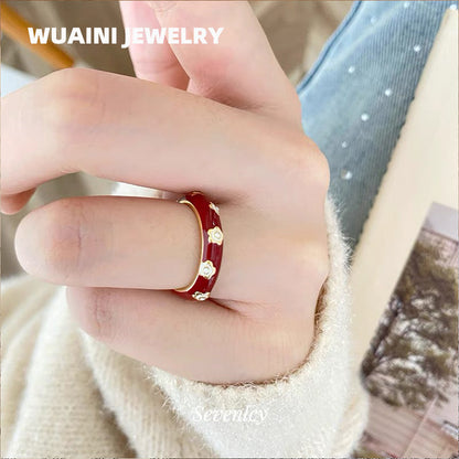 Women’s Flowers Band Rings In Titanium Steel With Enamel Craft And 18K Real Gold Plated Finish, Perfect For New Year