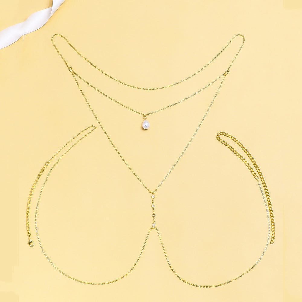 Silver Alloy Body Chain For Women In Simple Style With White Crystal Inlay And Electroplated Finish