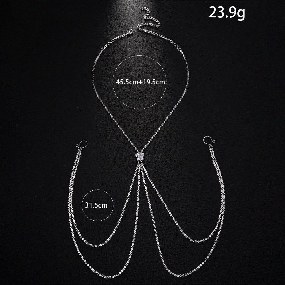 Silver Butterfly Body Chain For Women With Rhinestones, Electroplated Copper Plated Design