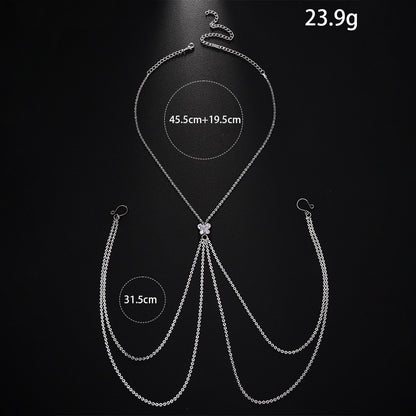 Silver Butterfly Body Chain For Women With Rhinestones, Electroplated Copper Plated Design