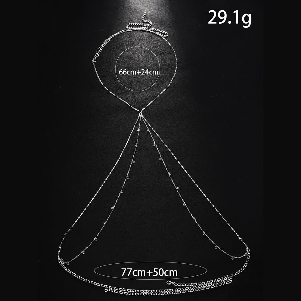 Geometric Silver Body Chain For Women Featuring Rhinestones, Perfect For Nightclub Wear