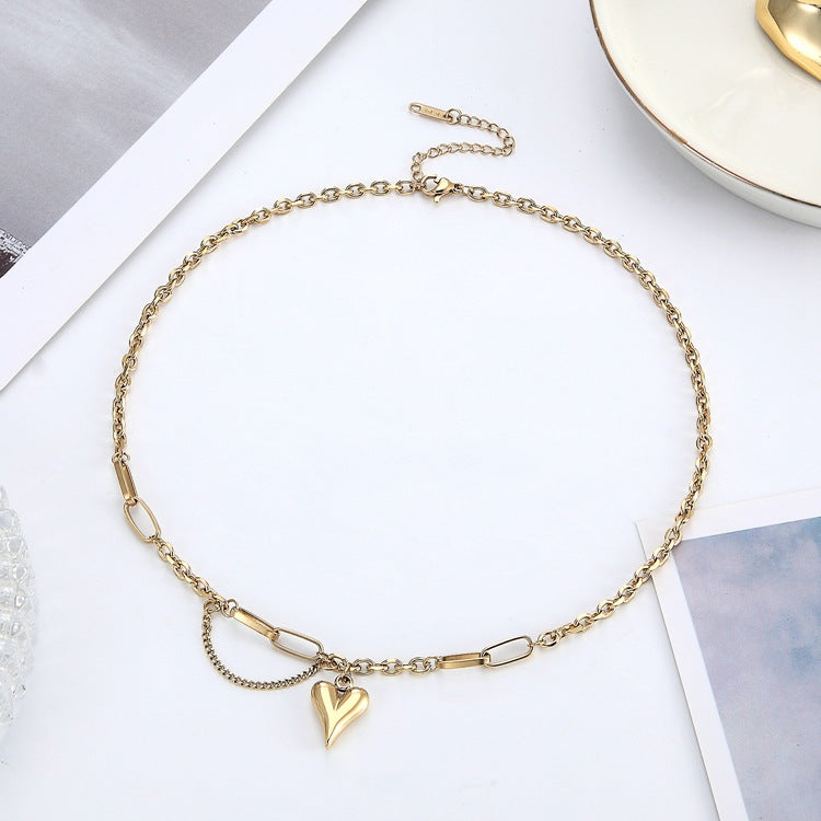 Heart Shape Pendant Necklace In Gold With Electroplated Finish, Titanium Steel Material, Simple Style For Women
