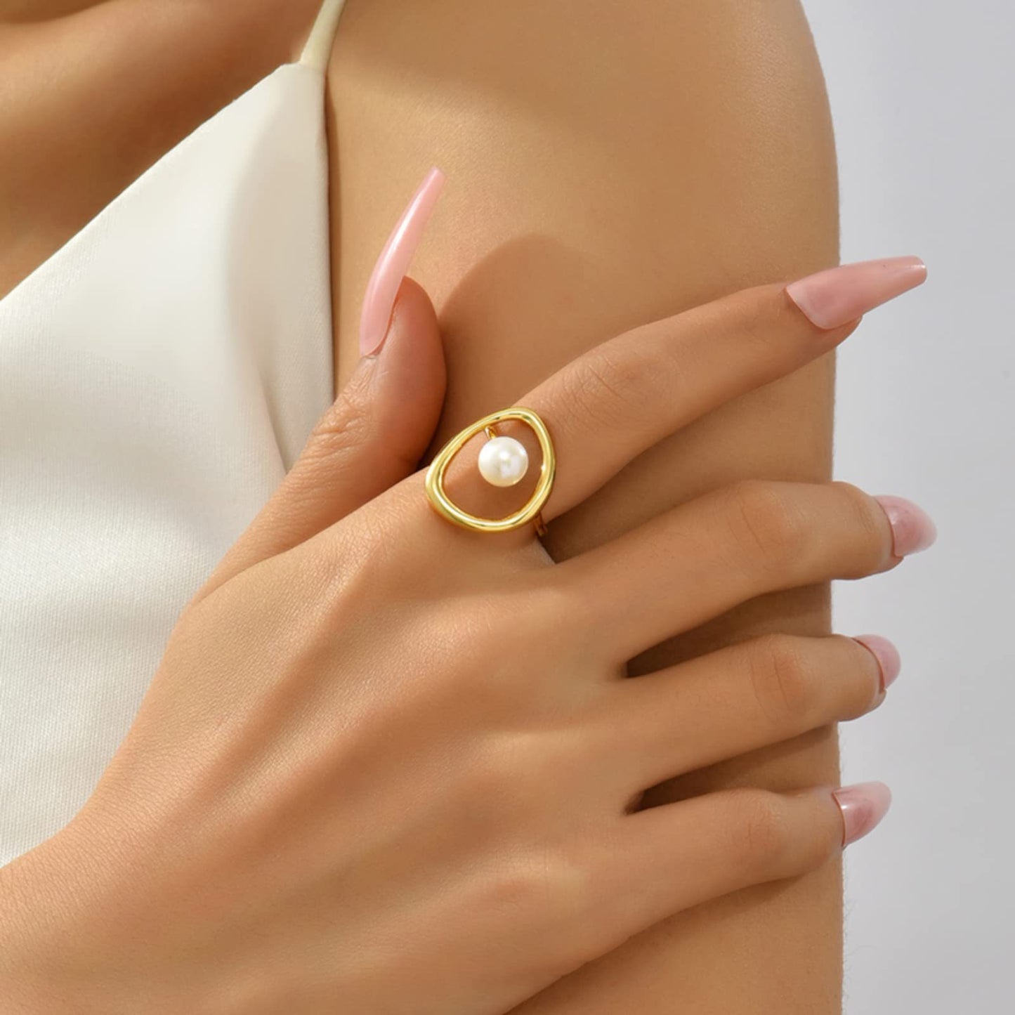Geometric Asymmetrical Women's Rings In 304 Stainless Steel With Imitation Pearl, PVD Coated Featuring Simple Style