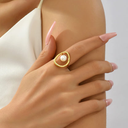 Geometric Asymmetrical Women's Rings In 304 Stainless Steel With Imitation Pearl, PVD Coated Featuring Simple Style