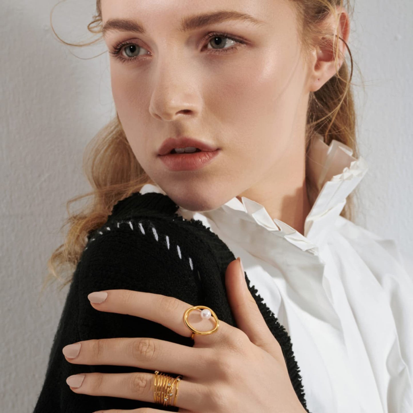 Geometric Asymmetrical Women's Rings In 304 Stainless Steel With Imitation Pearl, PVD Coated Featuring Simple Style