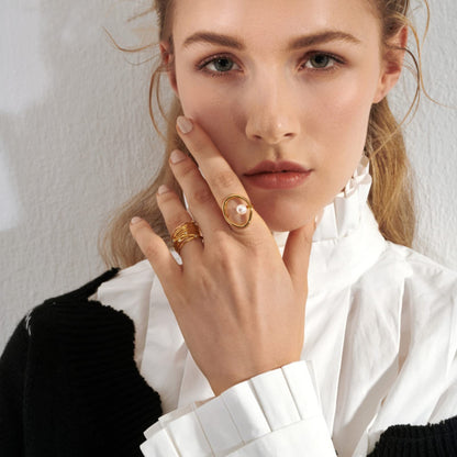 Geometric Asymmetrical Women's Rings In 304 Stainless Steel With Imitation Pearl, PVD Coated Featuring Simple Style