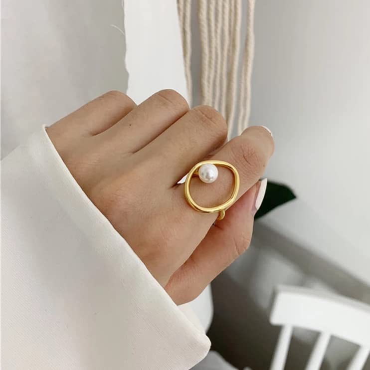 Geometric Asymmetrical Women's Rings In 304 Stainless Steel With Imitation Pearl, PVD Coated Featuring Simple Style