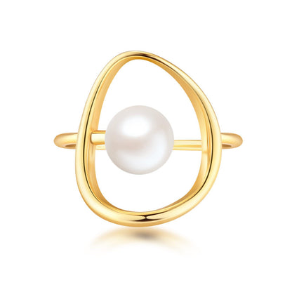 Geometric Asymmetrical Women's Rings In 304 Stainless Steel With Imitation Pearl, PVD Coated Featuring Simple Style
