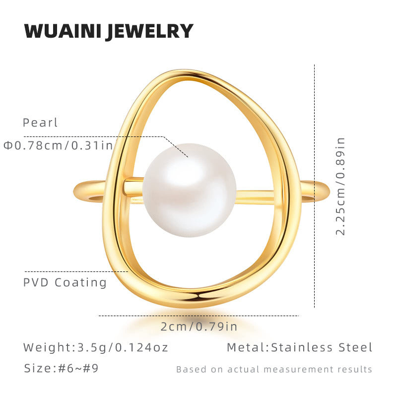 Geometric Asymmetrical Women's Rings In 304 Stainless Steel With Imitation Pearl, PVD Coated Featuring Simple Style