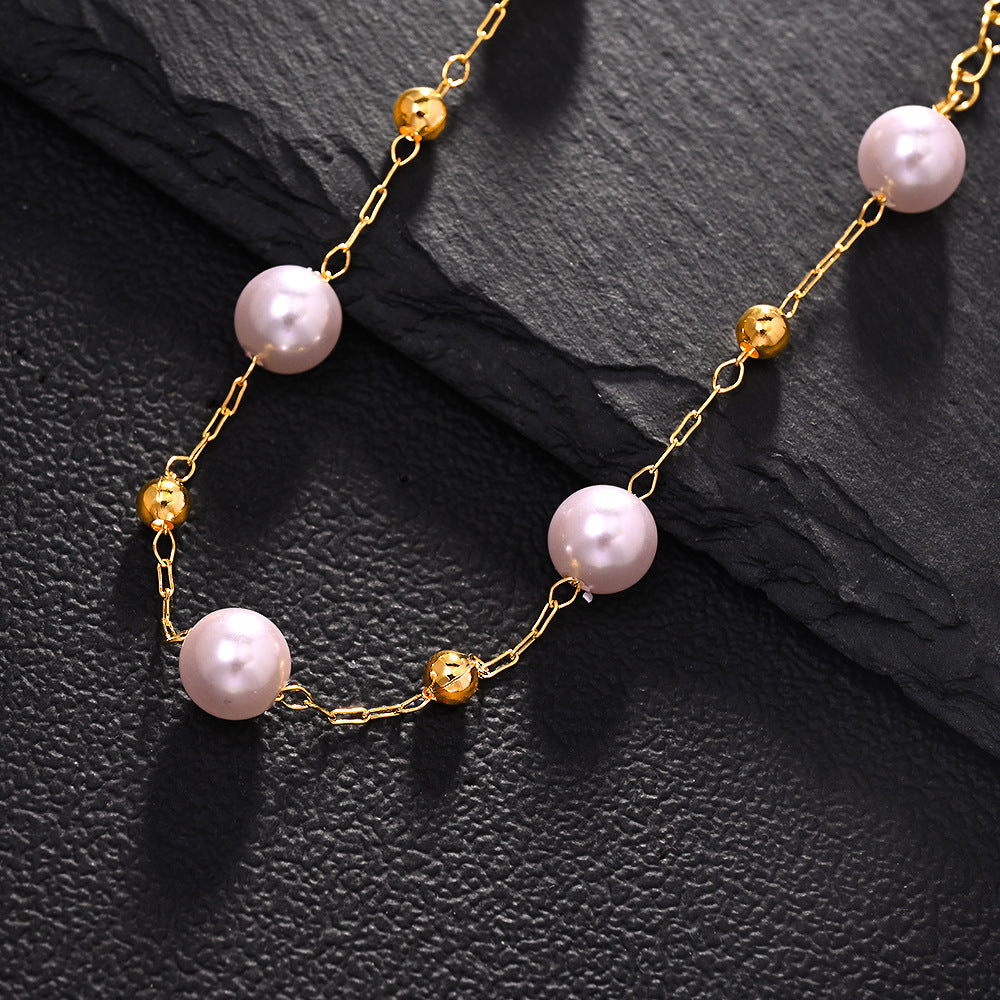 Pearl Pattern Necklace For Women In Simple Style, Featuring Electroplated Imitation Pearl With Artificial Crystal Inlay