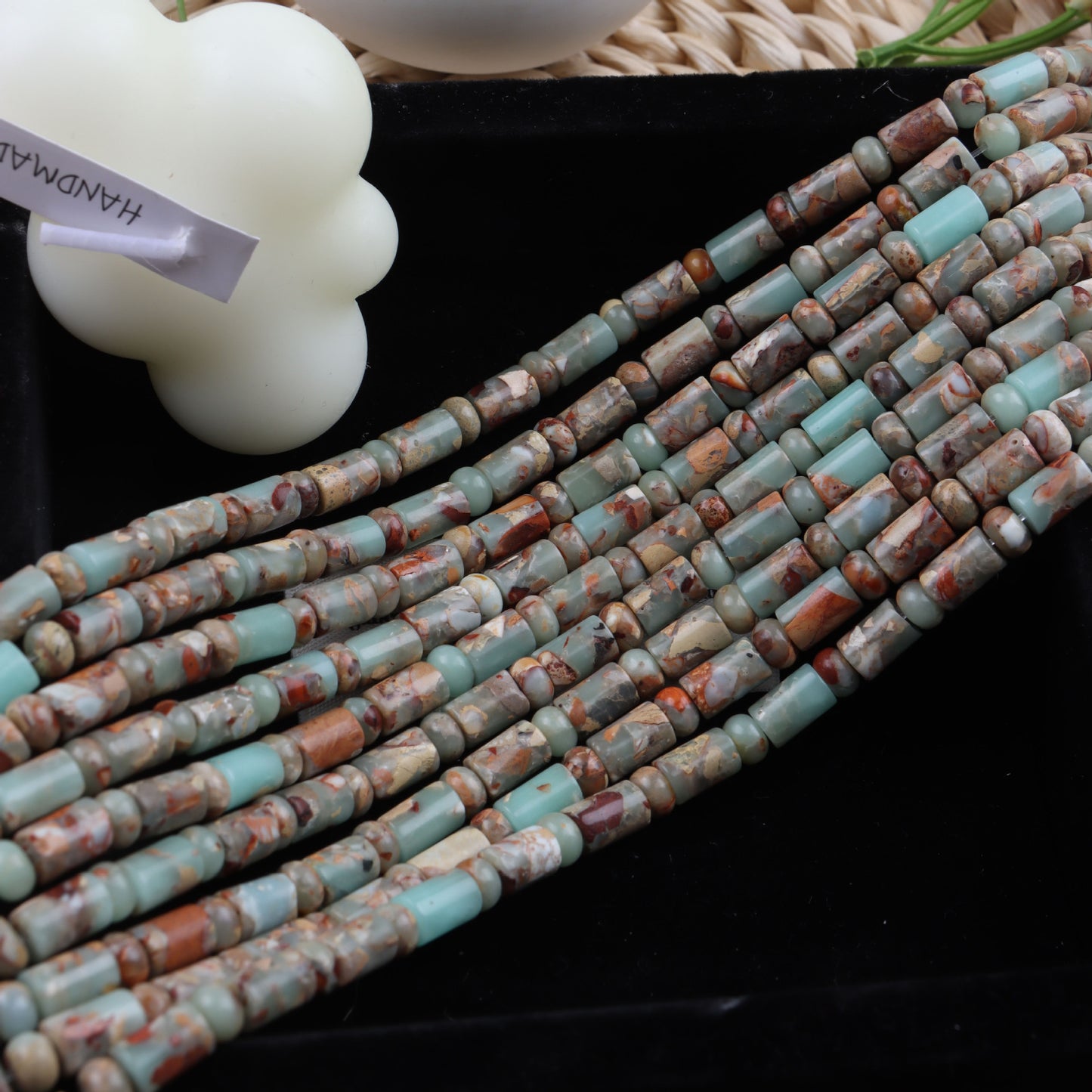 Handmade Natural Stone Beads With Snake Skin Jasper Inlay, Hole Size 6~9.9mm For Jewelry Making