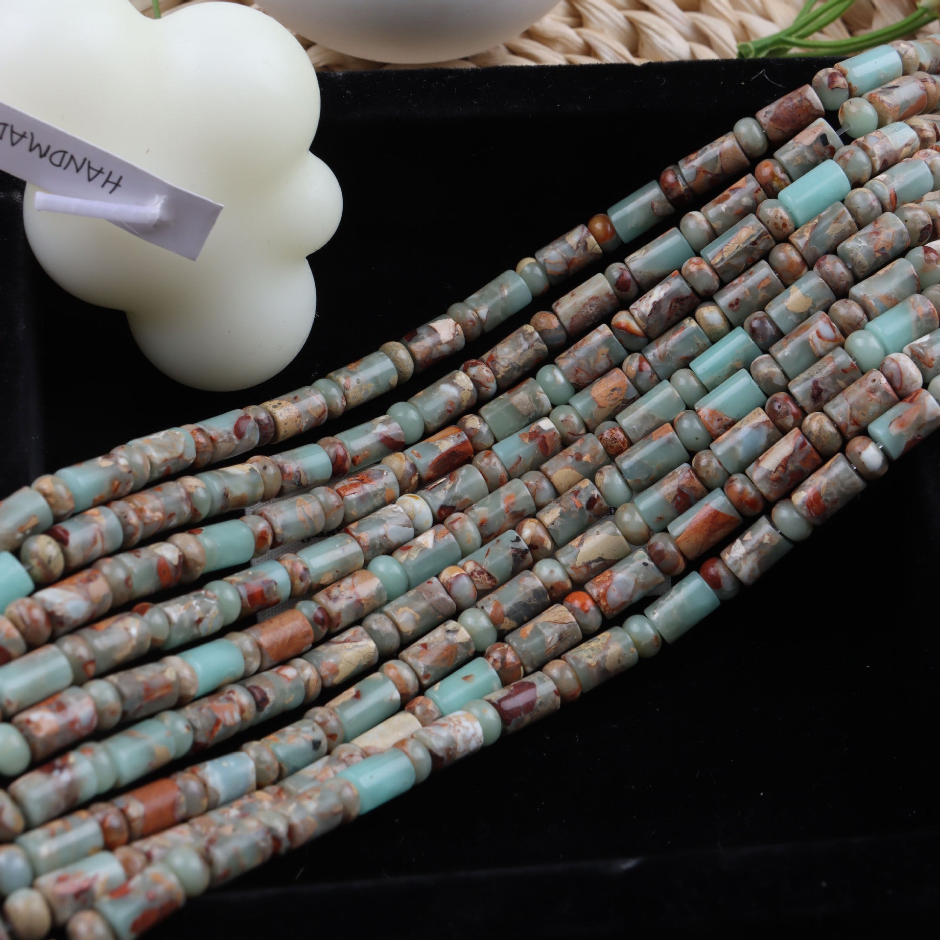Handmade Natural Stone Beads With Snake Skin Jasper Inlay, Hole Size 6~9.9mm For Jewelry Making