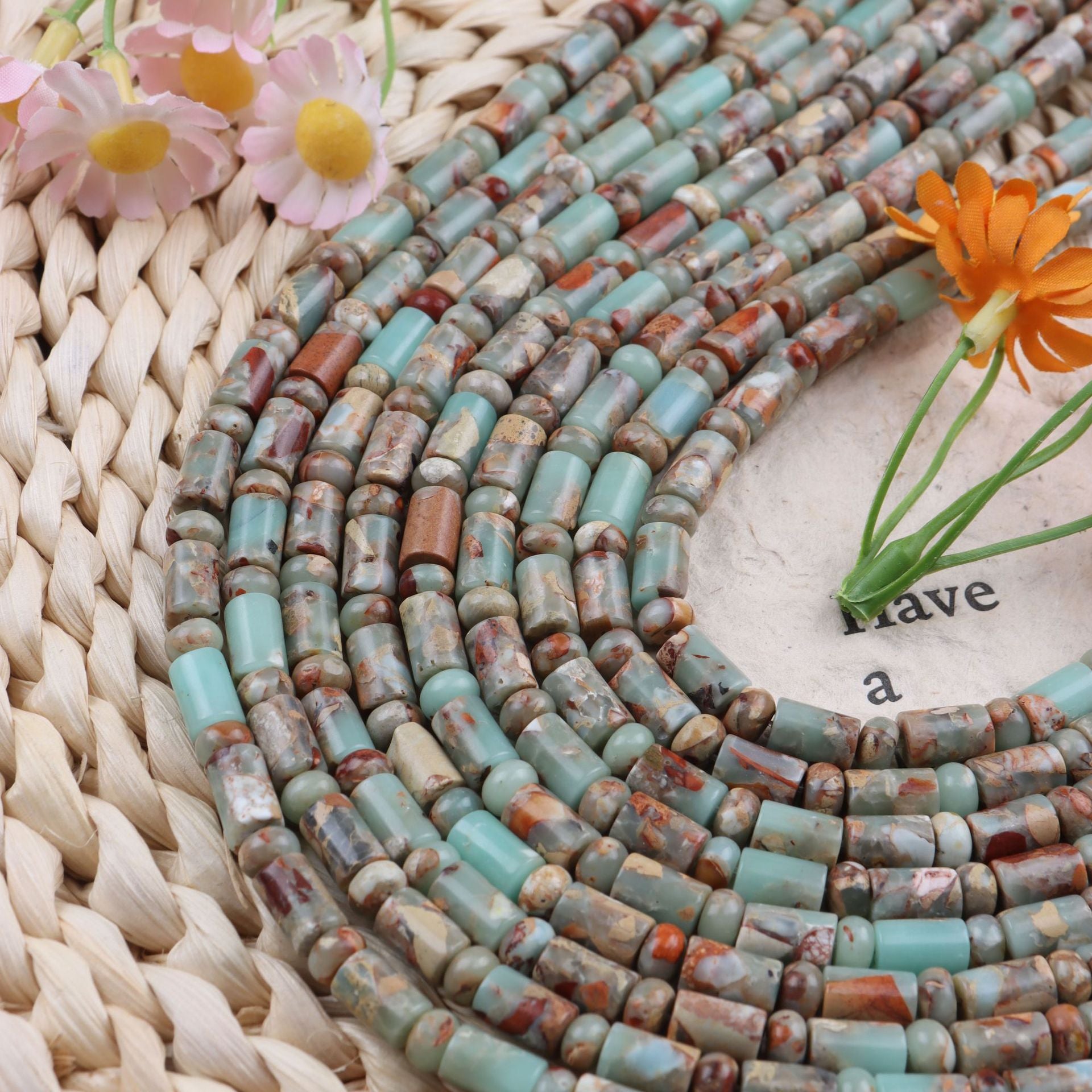 Handmade Natural Stone Beads With Snake Skin Jasper Inlay, Hole Size 6~9.9mm For Jewelry Making