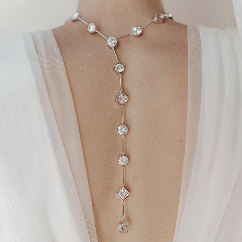 Geometric Long Necklace For Women In Simple Style With Gold Box Chain And White Crystal Inlay
