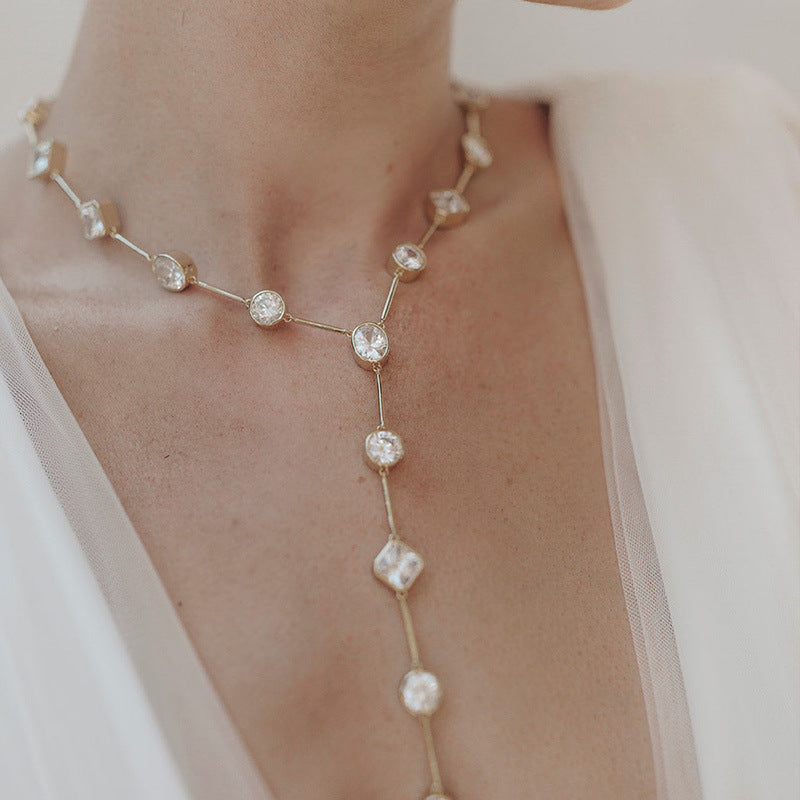 Geometric Long Necklace For Women In Simple Style With Gold Box Chain And White Crystal Inlay