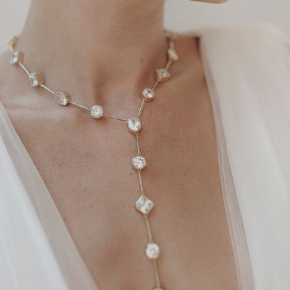 Geometric Long Necklace For Women In Simple Style With Gold Box Chain And White Crystal Inlay