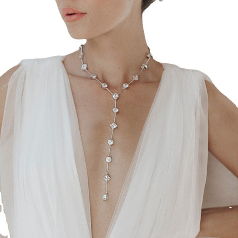 Geometric Long Necklace For Women In Simple Style With Gold Box Chain And White Crystal Inlay